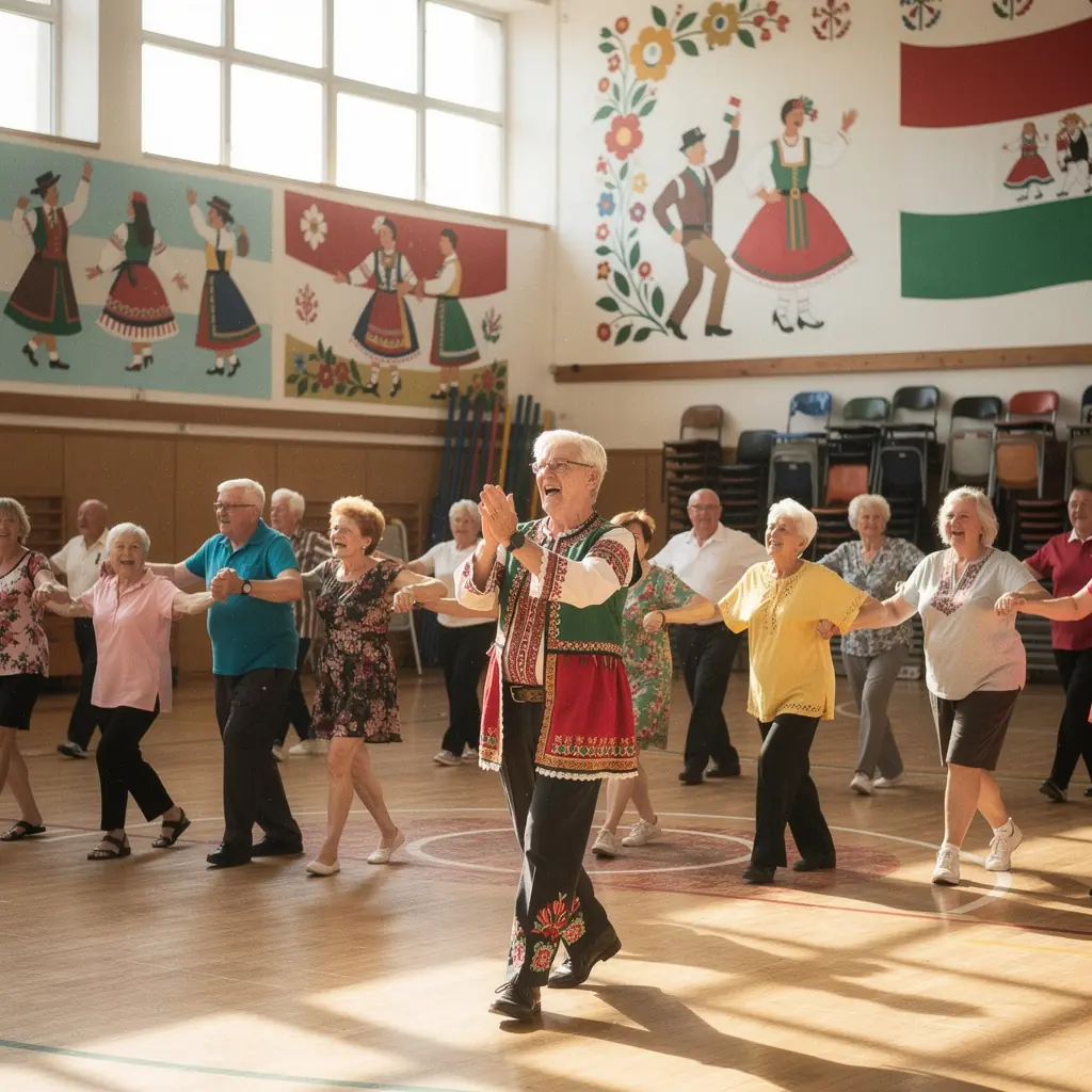 Különböző korú idősek, akik együtt végeznek aerobik gyakorlatokat.