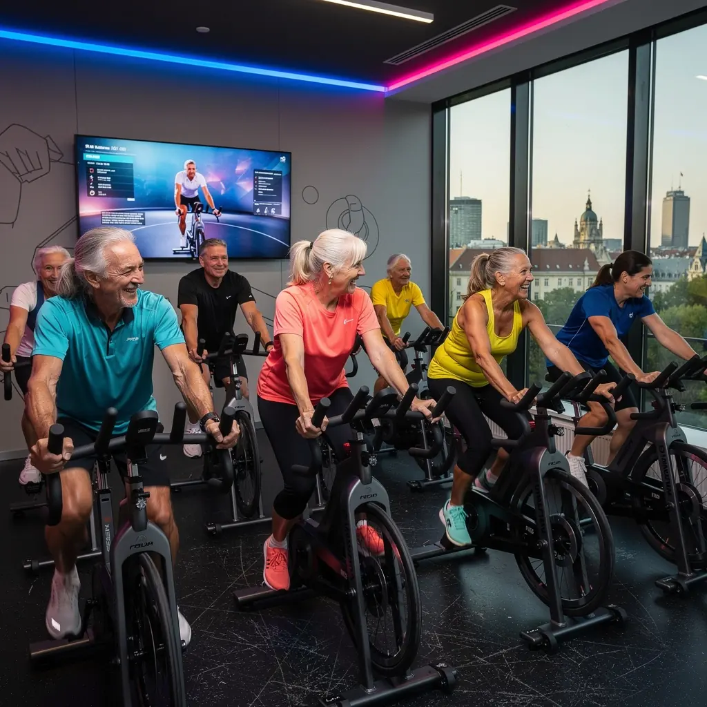 Képernyő, amelyen digitális edzésprogram látható, idősek számára tervezve.