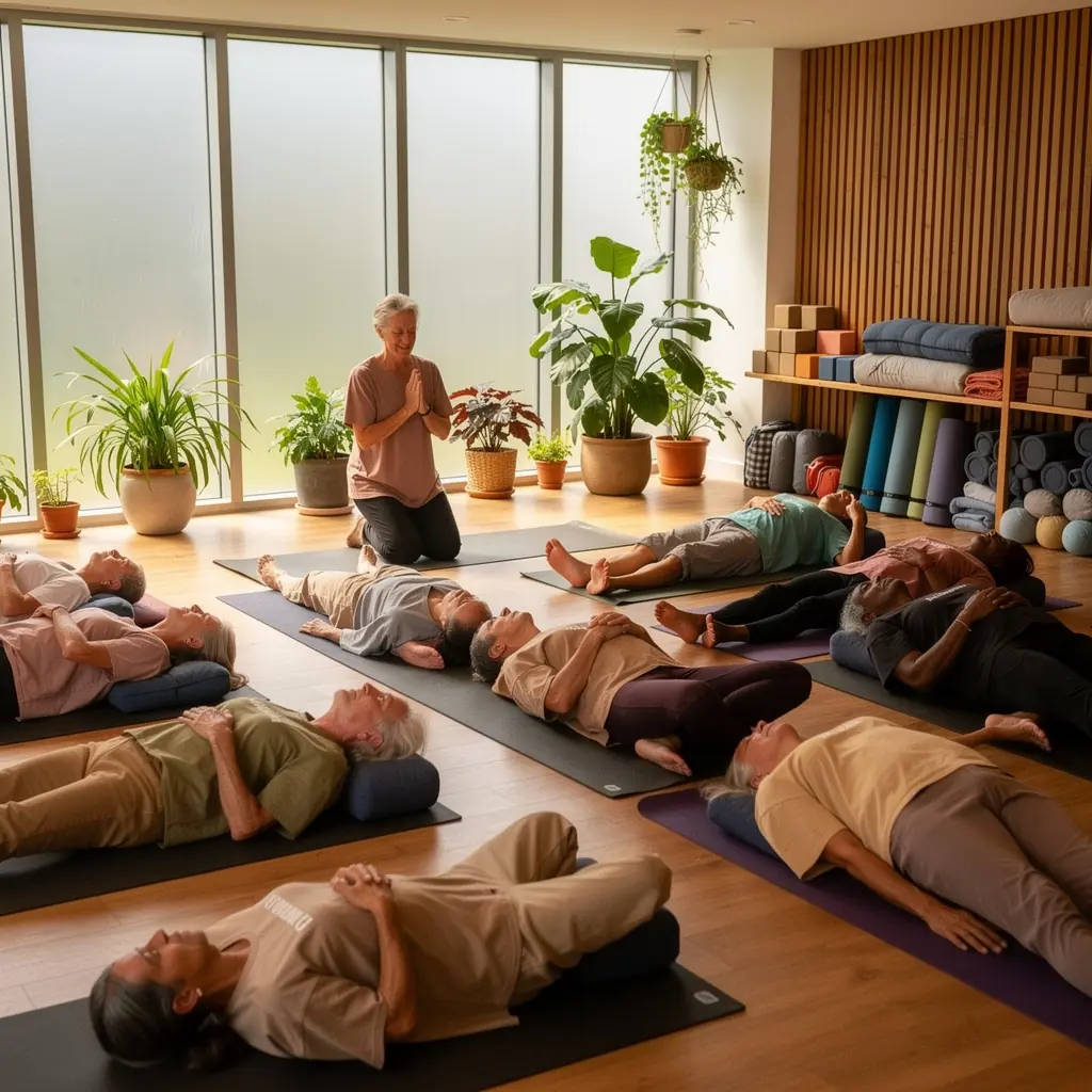 Közeli kép egy idősebb nő mosolygós arcáról, aki edzés után pihen.