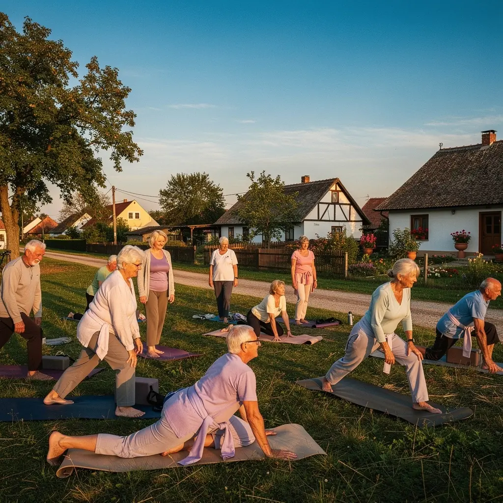 Idős párok táncolnak, miközben élvezik a közös aktivitást és a zenét.
