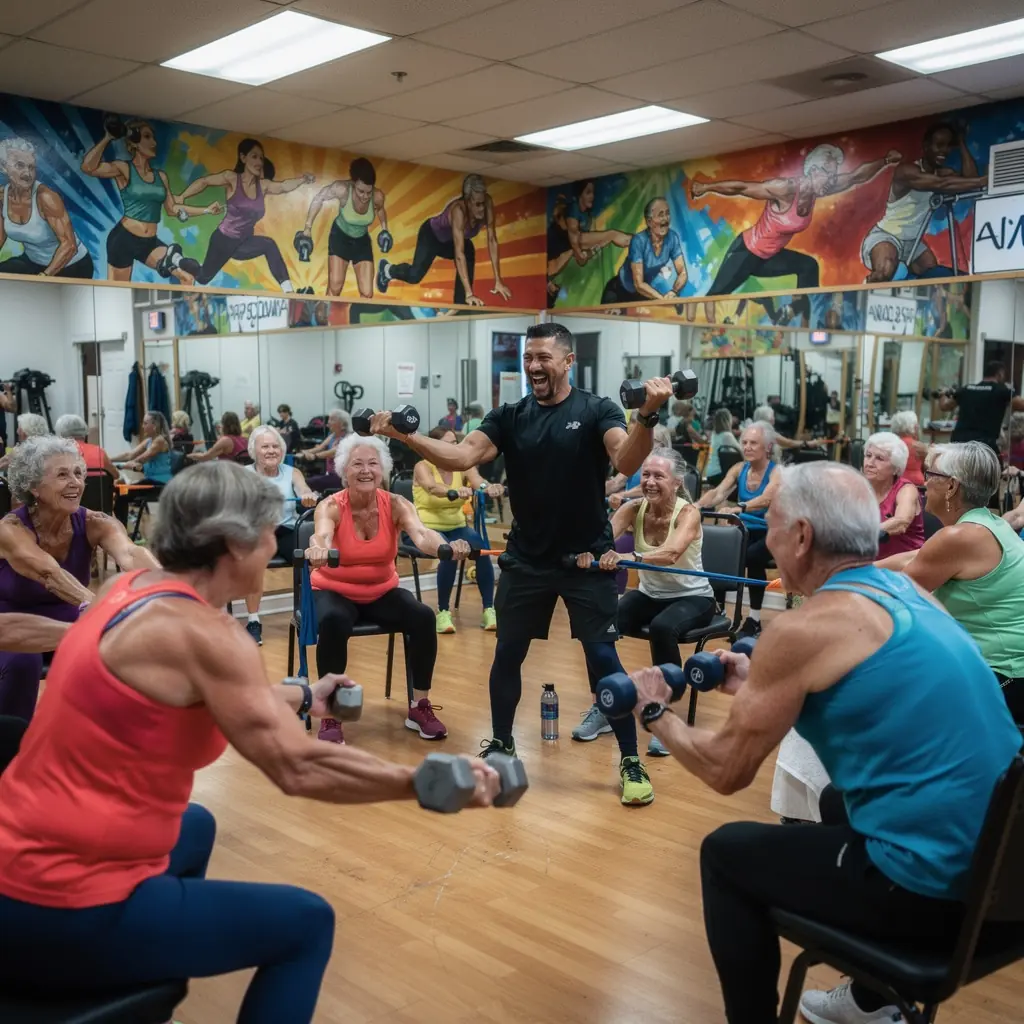 Különböző korosztályú idősek figyelnek egy online edzésvideót a tévén.