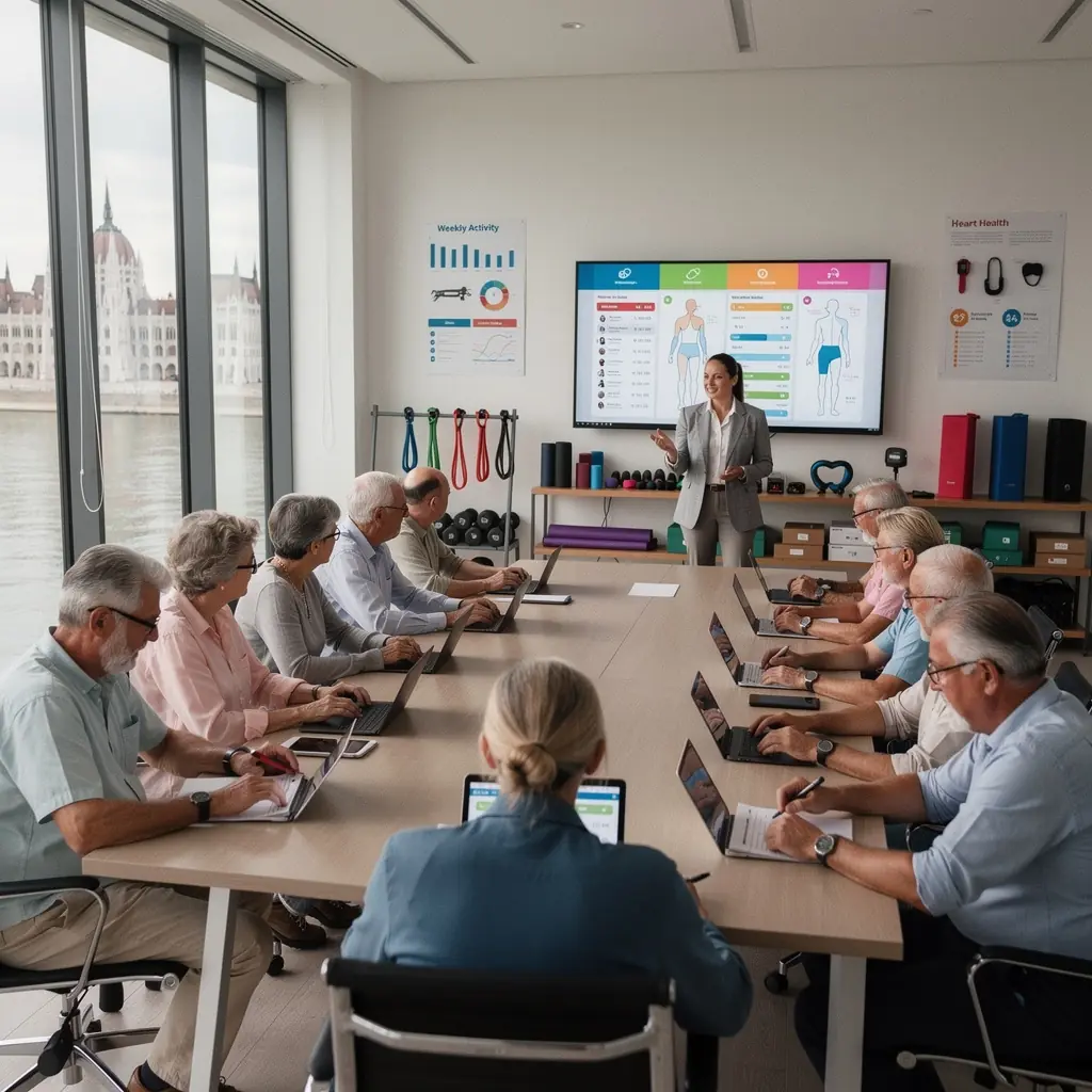 Idősebb felnőttek csoportos edzése a szabadban, vidám légkörben.